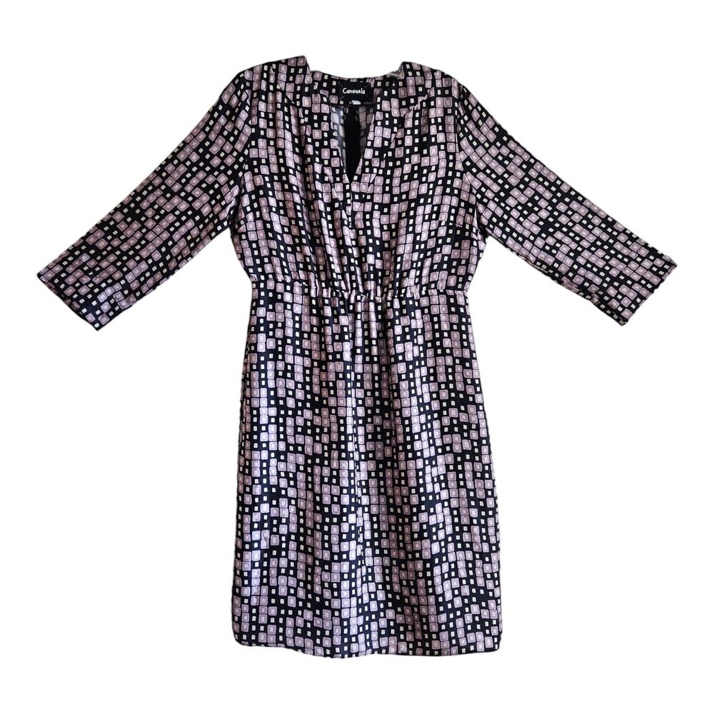 CONSUELO Women M 100% Silk Dress Black Purple Elastic Waist V-Neck Italy 44